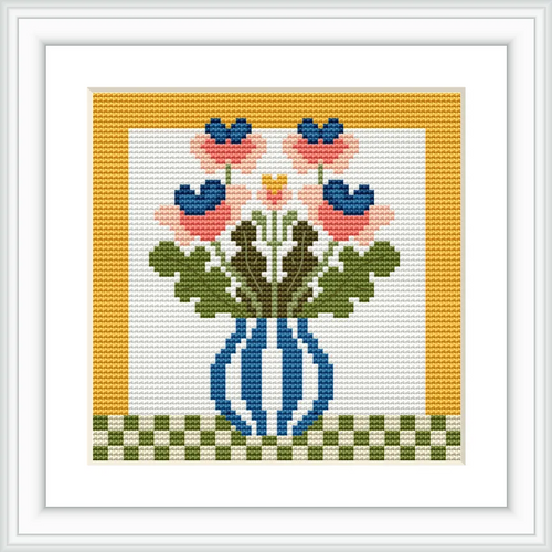 The design features a blue and white vase holding five stylized flowers with blue and pink petals. There is a checkerboard pattern at the base.