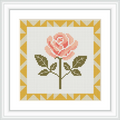 A single pink rose with two green leaves is centered within a square frame. The frame is accented with a geometric yellow and white border.