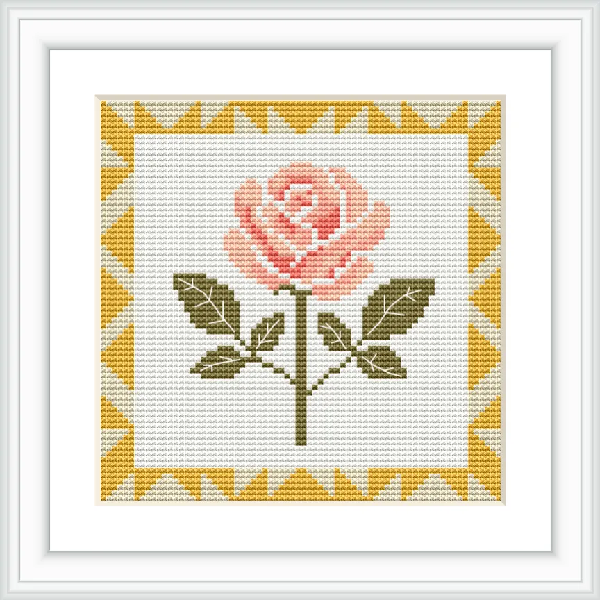 A single pink rose with two green leaves is centered within a square frame. The frame is accented with a geometric yellow and white border.