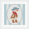 The image features a cartoon duck dressed as a cowboy. It wears a blue cowboy hat, a red bandana, and brown boots standing within an oval frame. The background is composed of vertical light blue and white stripes.