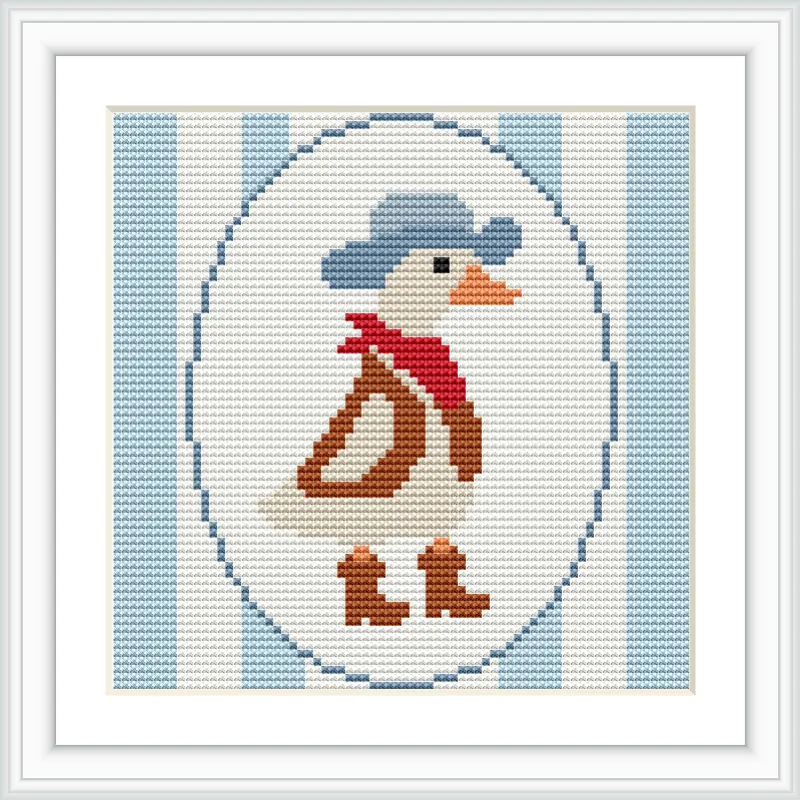 The image features a cartoon duck dressed as a cowboy. It wears a blue cowboy hat, a red bandana, and brown boots standing within an oval frame. The background is composed of vertical light blue and white stripes.
