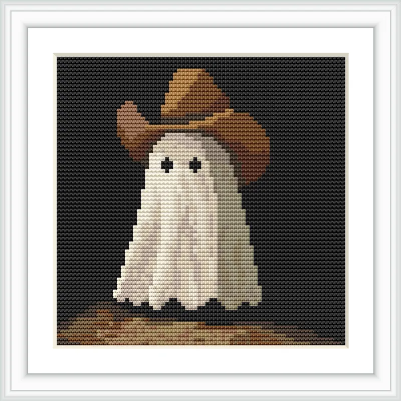 A ghost with a white sheet and black eyes wearing a cowboy hat, set against a dark background.