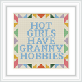 The image features a text-based cross stitch design with the phrase 'Hot Girls Have Granny Hobbies' surrounded by a colorful geometric border. The colors used are pastel shades, and the design is centered on a neutral background.