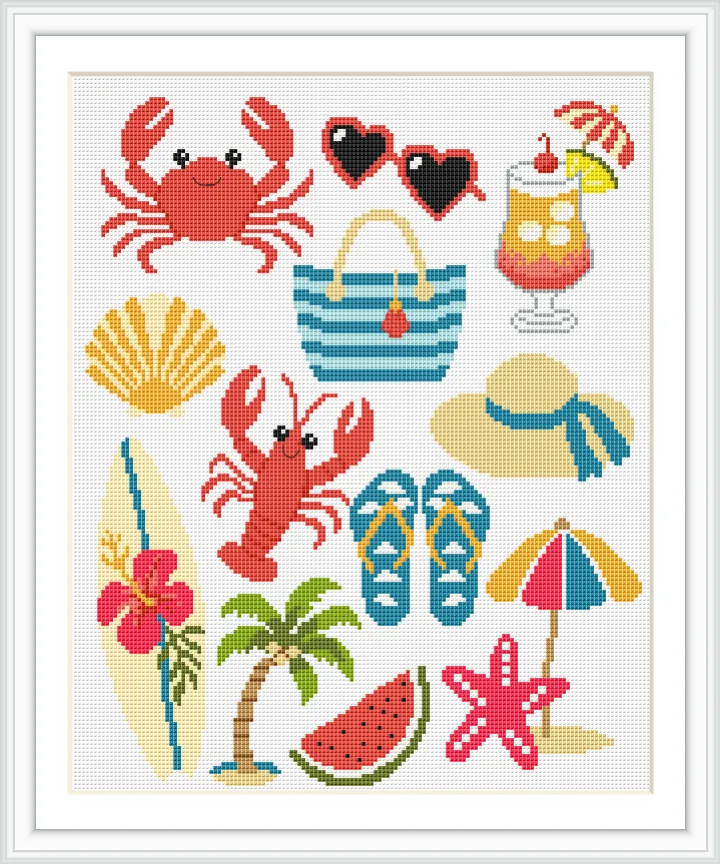 The image depicts a collection of beach-themed objects including a crab, heart-shaped sunglasses, a cocktail, a beach bag, a seashell, a lobster, a sun hat, flip-flops, a surfboard with a hibiscus, a palm tree, a watermelon slice, a starfish, and a beach umbrella.