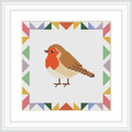 The image depicts a robin with a brown and red plumage, centrally positioned. It is surrounded by a geometric border featuring colorful triangles in shades of red, orange, green, and purple.