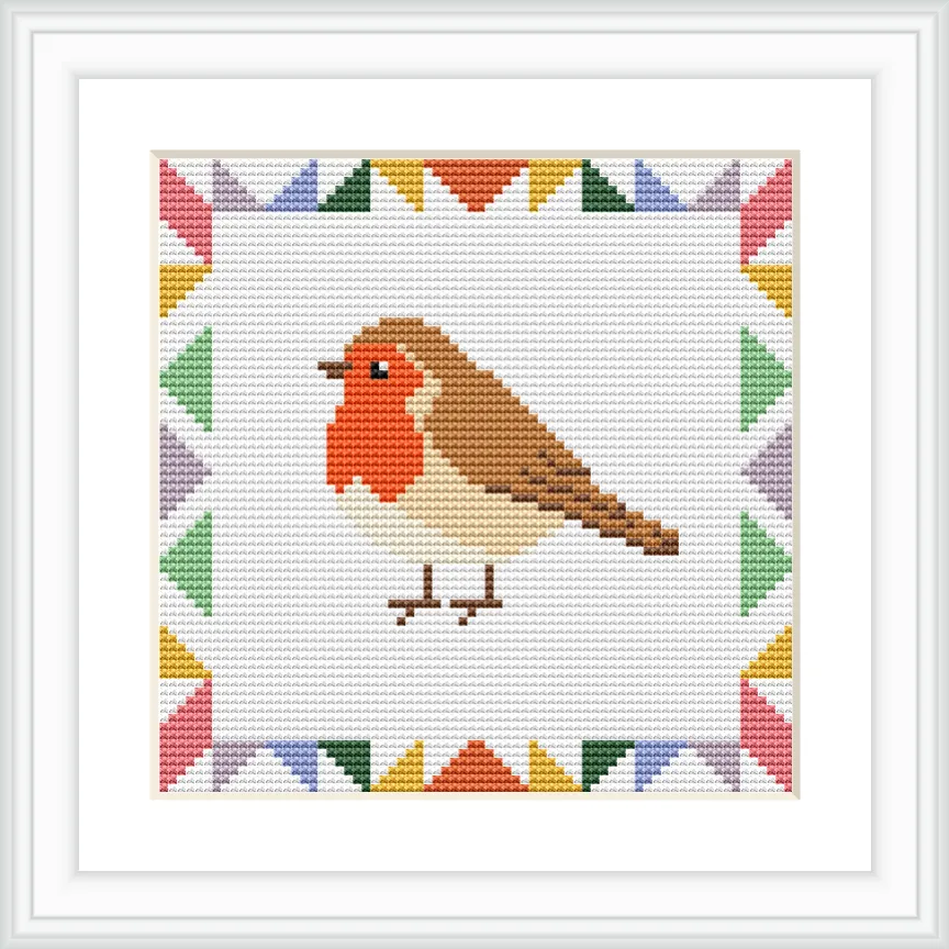 The image depicts a robin with a brown and red plumage, centrally positioned. It is surrounded by a geometric border featuring colorful triangles in shades of red, orange, green, and purple.