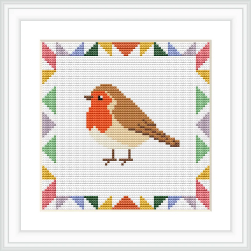 The image depicts a robin with a brown and red plumage, centrally positioned. It is surrounded by a geometric border featuring colorful triangles in shades of red, orange, green, and purple.