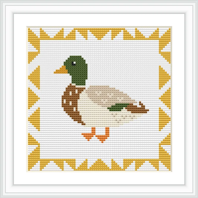 A mallard duck is positioned centrally, surrounded by a geometric border in shades of yellow and gold. The duck features a green head and brown-and-beige body, standing on orange feet.