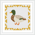 A mallard duck is positioned centrally, surrounded by a geometric border in shades of yellow and gold. The duck features a green head and brown-and-beige body, standing on orange feet.