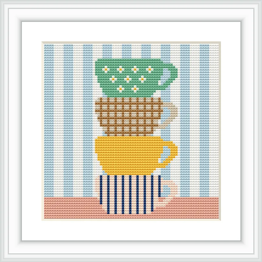 The image features three teacups stacked one on top of the other. The top cup is green with white flowers, the middle cup is beige with a checkered pattern, and the bottom cup is yellow with blue stripes, all set against a background of vertical blue and white stripes.