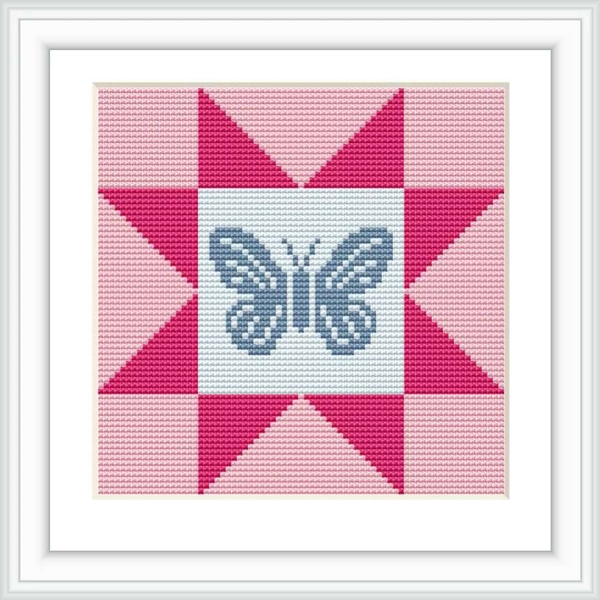 A geometric patchwork design centered on a butterfly motif, with surrounding pink and white star patterns.
