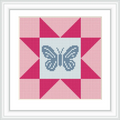 A geometric patchwork design centered on a butterfly motif, with surrounding pink and white star patterns.