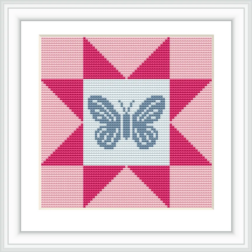 A geometric patchwork design centered on a butterfly motif, with surrounding pink and white star patterns.