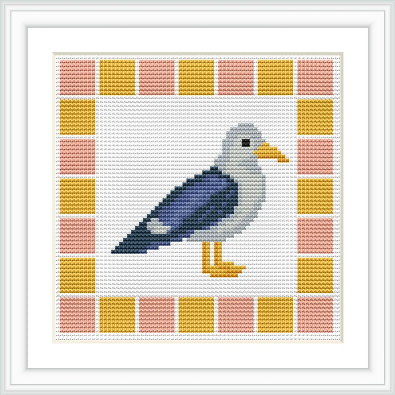 The image features a stylized seagull positioned in the center, encircled by a peach and yellow checkered border.