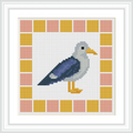 The image features a stylized seagull positioned in the center, encircled by a peach and yellow checkered border.