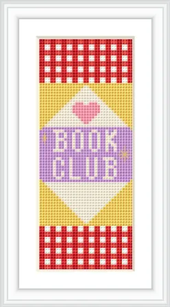 The image has a rectangular cross stitch bookmark featuring the words 'Book Club' in purple on a light background with a pink heart above and geometric borders in red and yellow.