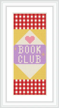 The image has a rectangular cross stitch bookmark featuring the words 'Book Club' in purple on a light background with a pink heart above and geometric borders in red and yellow.