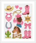 The image features various cowgirl motifs like a girl in a pink hat and fringe jacket, a pair of pink boots, a sheriff badge, a lasso, a horse, a hat, hearts, a horseshoe, and a cactus. These elements are spread across the canvas, creating a playful Western theme.