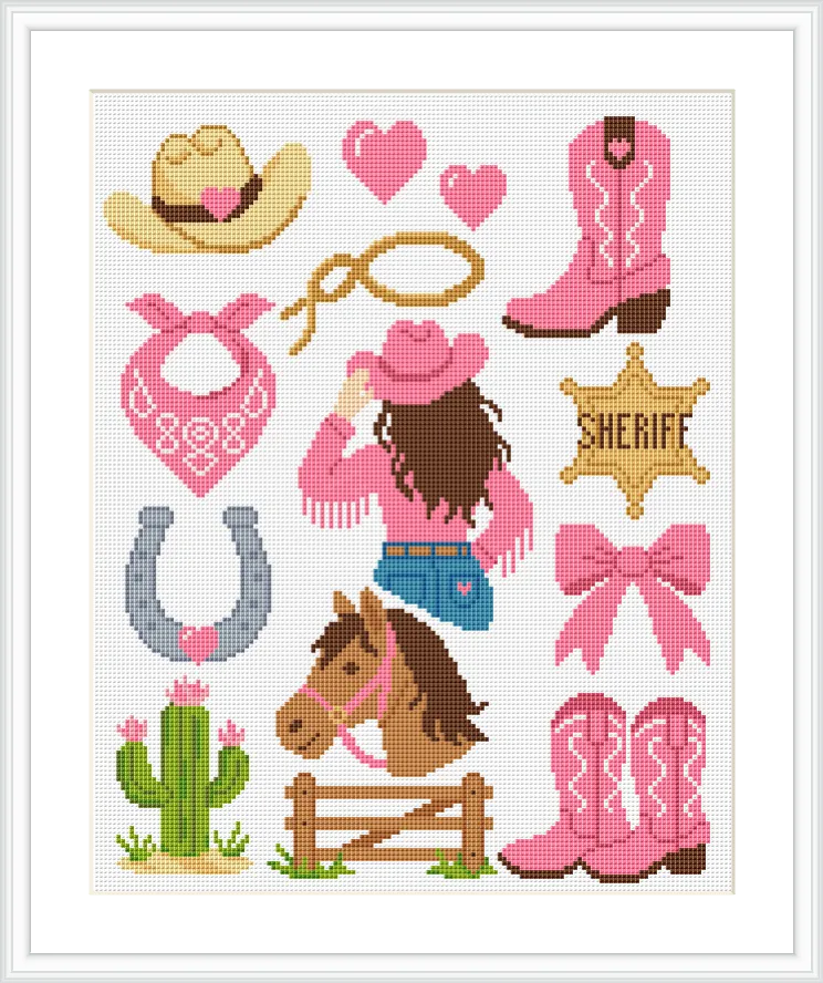 The image features various cowgirl motifs like a girl in a pink hat and fringe jacket, a pair of pink boots, a sheriff badge, a lasso, a horse, a hat, hearts, a horseshoe, and a cactus. These elements are spread across the canvas, creating a playful Western theme.