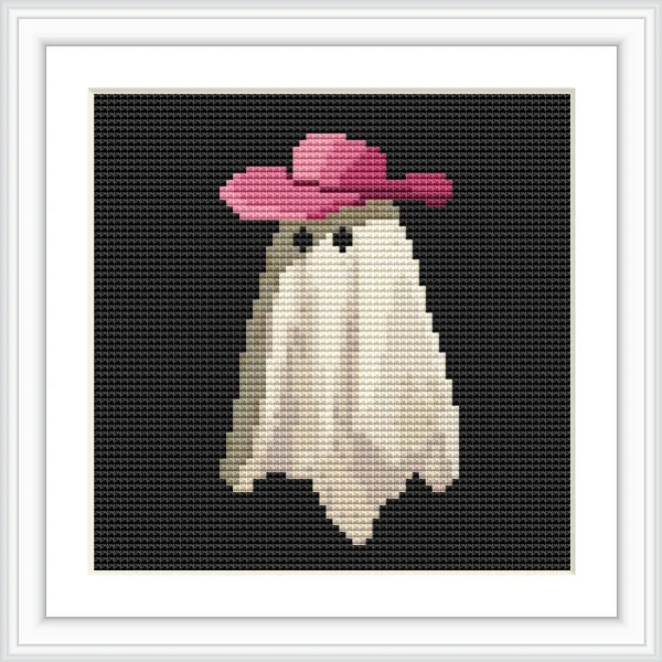 The image depicts a ghost figure draped in a white sheet with two black eyes, wearing a pink cowboy hat on top of its head. The ghost is centered against a black background.