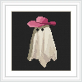 The image depicts a ghost figure draped in a white sheet with two black eyes, wearing a pink cowboy hat on top of its head. The ghost is centered against a black background.