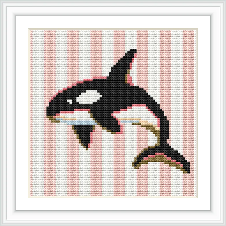 The image features an orca swimming in a horizontal orientation, set against a background of vertical pink and white stripes.
