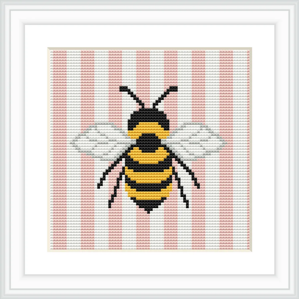 The image depicts a realistic bee positioned at the center of the design, surrounded by vertical pink and white stripes. The wings are detailed in white.