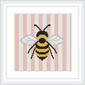 The image depicts a realistic bee positioned at the center of the design, surrounded by vertical pink and white stripes. The wings are detailed in white.