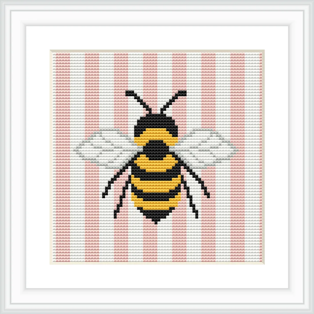 The image depicts a realistic bee positioned at the center of the design, surrounded by vertical pink and white stripes. The wings are detailed in white.