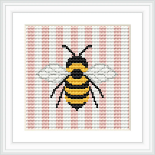 The image depicts a realistic bee positioned at the center of the design, surrounded by vertical pink and white stripes. The wings are detailed in white.