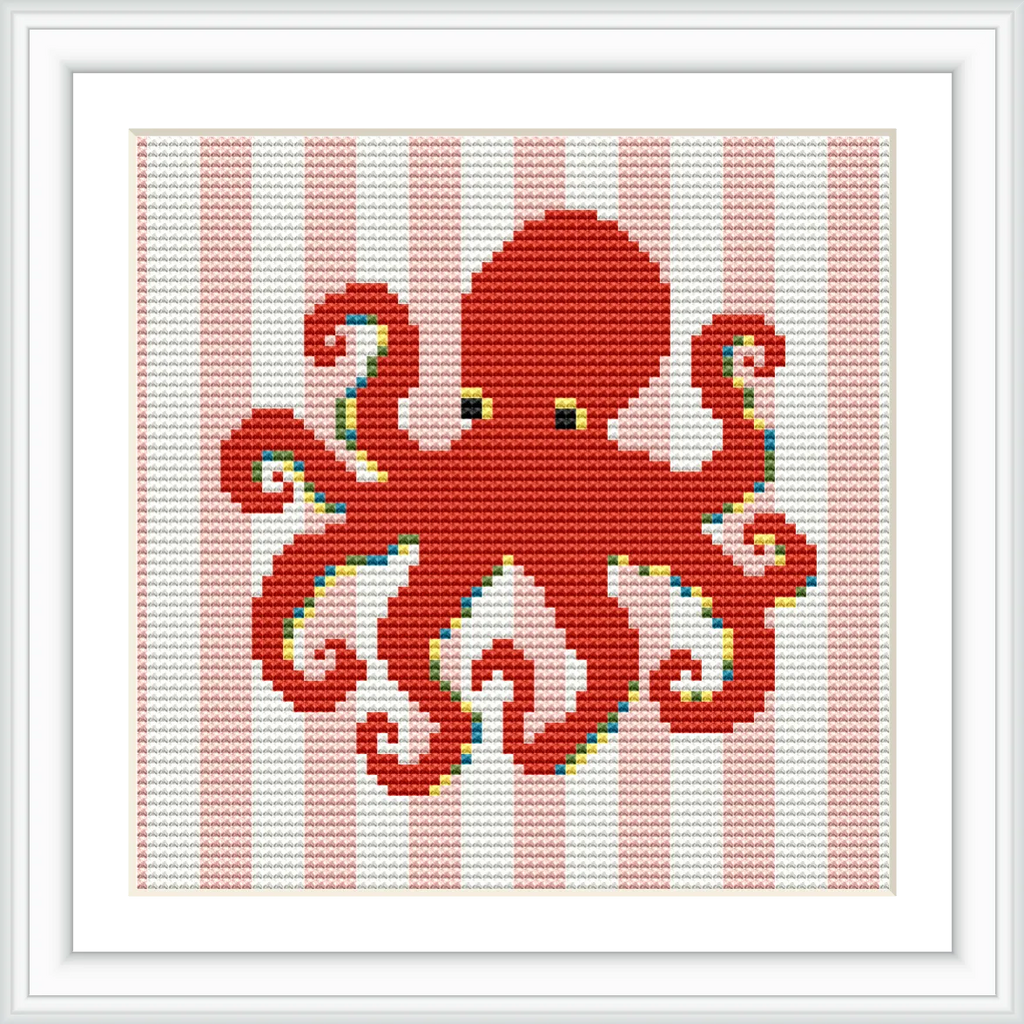 The image depicts a stylized red octopus with swirling tentacles, set against a red and white striped background, framed in black and white.
