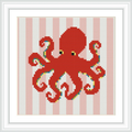 The image depicts a stylized red octopus with swirling tentacles, set against a red and white striped background, framed in black and white.