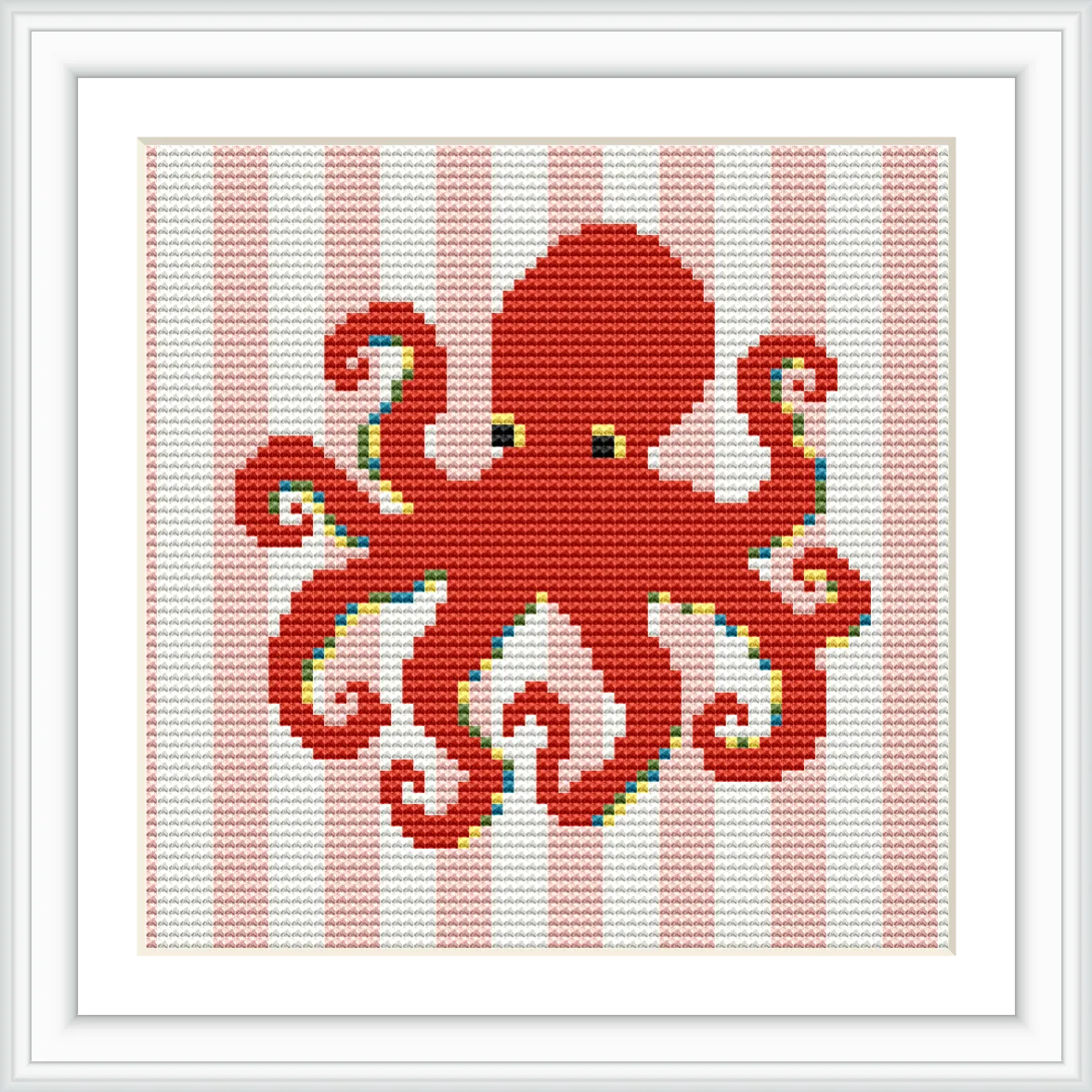 The image depicts a stylized red octopus with swirling tentacles, set against a red and white striped background, framed in black and white.