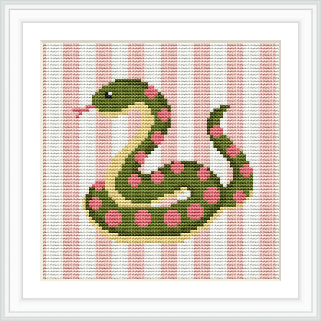 A green snake with pink polka dots is centered on a canvas with a background of vertical pink and white stripes.