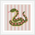 A green snake with pink polka dots is centered on a canvas with a background of vertical pink and white stripes.