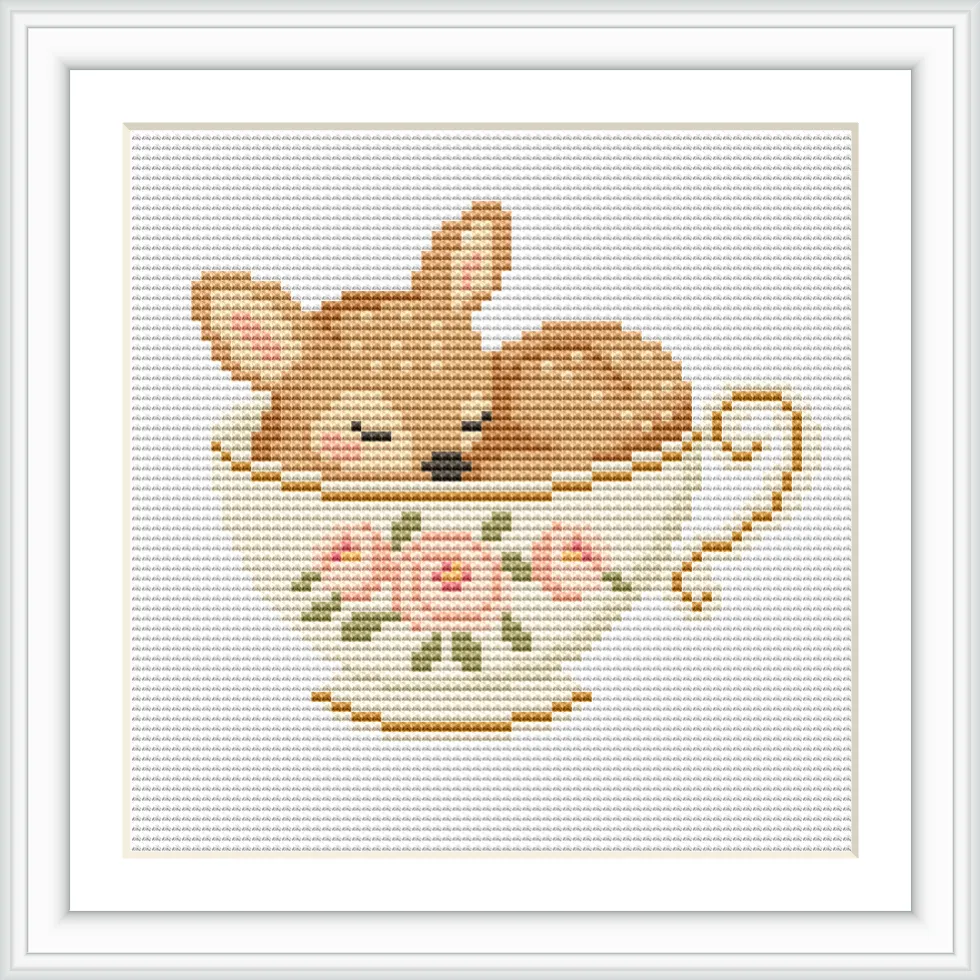 A small fawn is sleeping inside a decorative teacup with flowers painted on it. The teacup is placed centrally within the pattern, creating a cozy and charming scene.