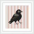 The image features a black crow with detailed shading standing on soft pink and white vertical stripes.