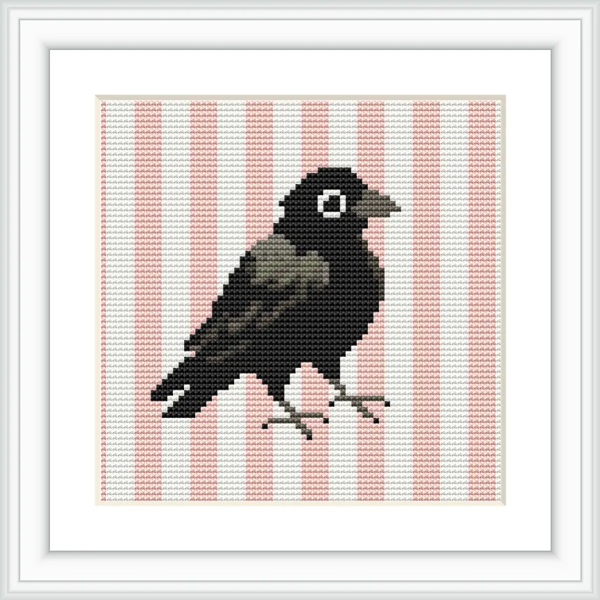 The image features a black crow with detailed shading standing on soft pink and white vertical stripes.