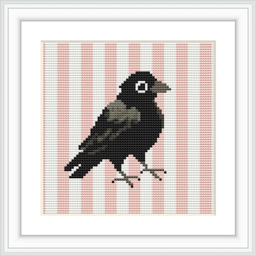 The image features a black crow with detailed shading standing on soft pink and white vertical stripes.
