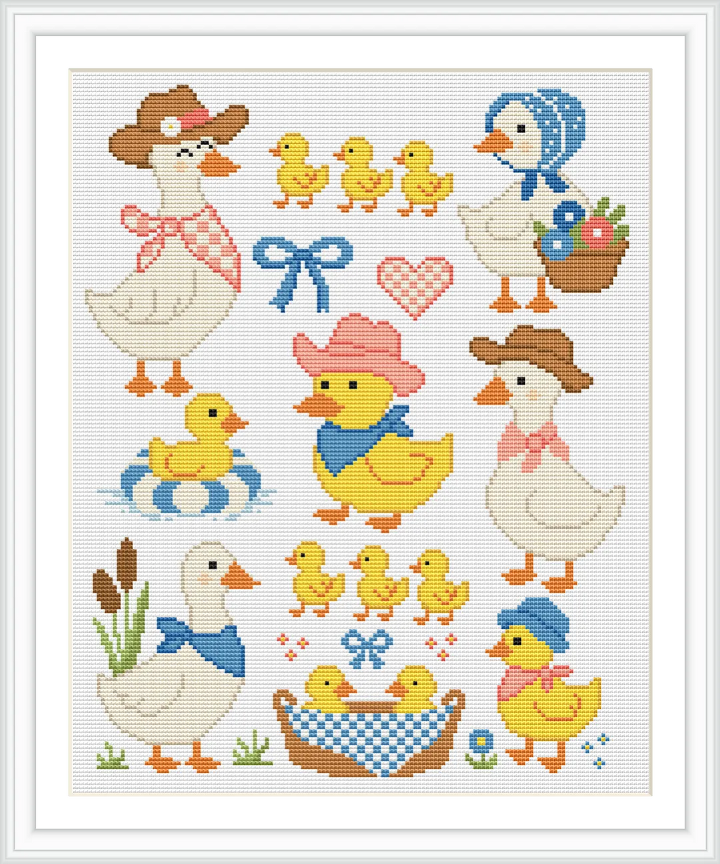 The image showcases a charming collection of ducks, including adult ducks wearing hats and scarves and a group of playful ducklings. A basket of flowers, a heart, and bows add to the enchanting theme.