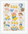 The image showcases a charming collection of ducks, including adult ducks wearing hats and scarves and a group of playful ducklings. A basket of flowers, a heart, and bows add to the enchanting theme.
