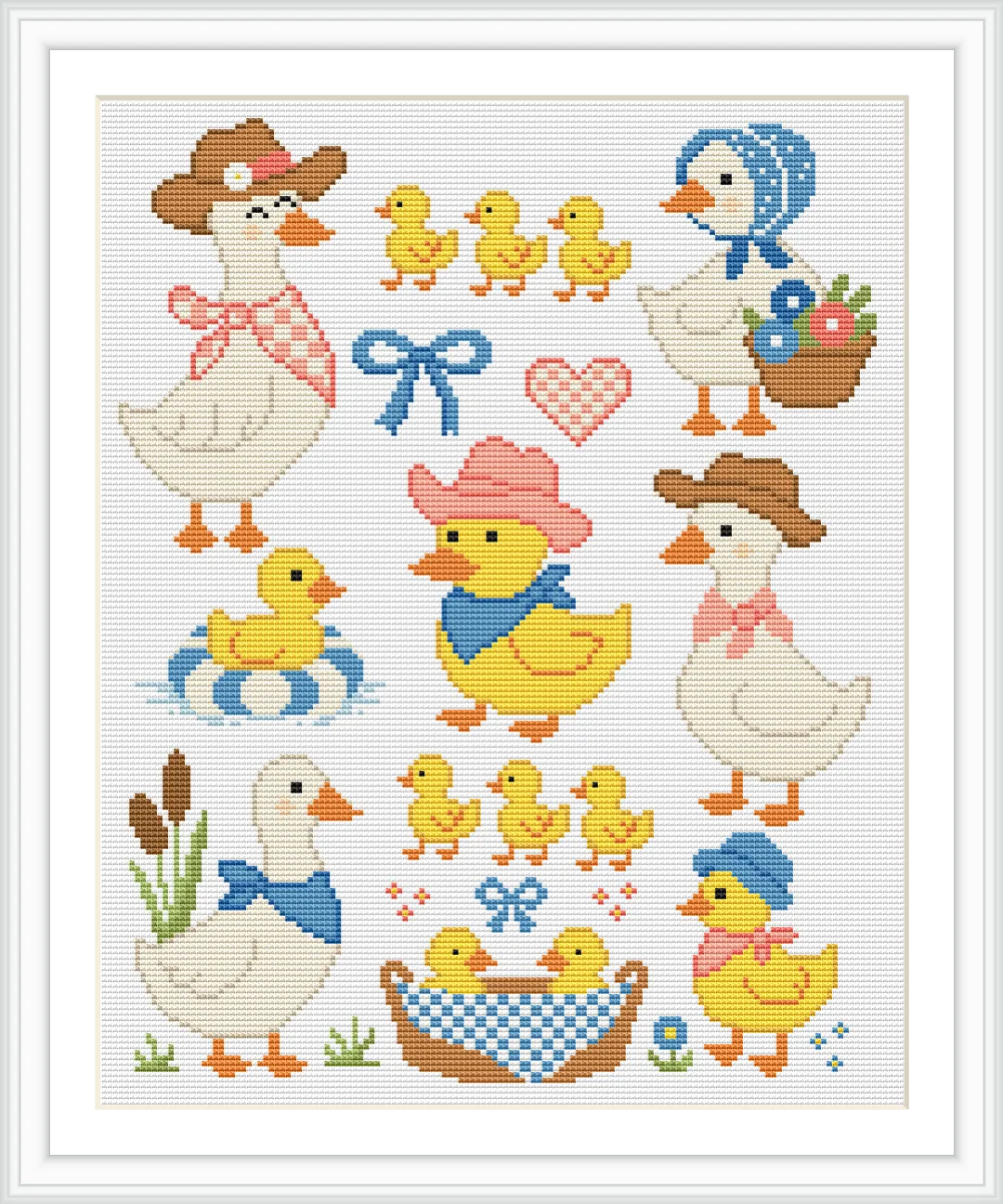 The image showcases a charming collection of ducks, including adult ducks wearing hats and scarves and a group of playful ducklings. A basket of flowers, a heart, and bows add to the enchanting theme.