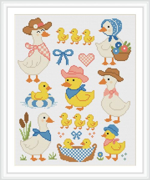 The image showcases a charming collection of ducks, including adult ducks wearing hats and scarves and a group of playful ducklings. A basket of flowers, a heart, and bows add to the enchanting theme.