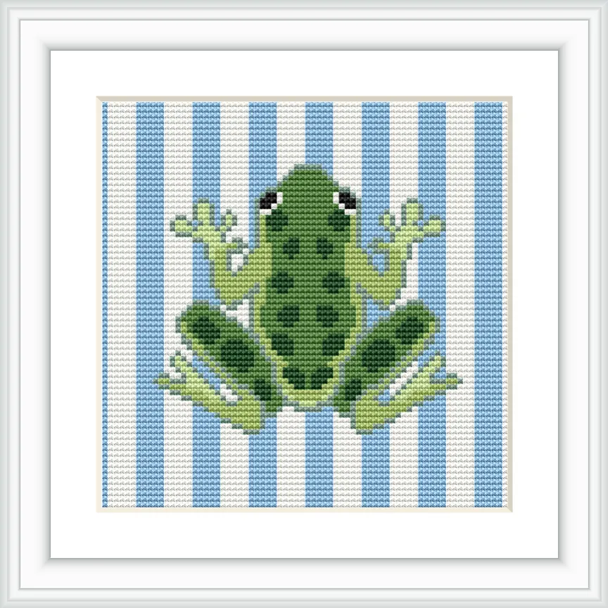 The image features a green frog centered on a background of vertical blue and white stripes, framed in a clean white frame.