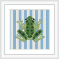 The image features a green frog centered on a background of vertical blue and white stripes, framed in a clean white frame.