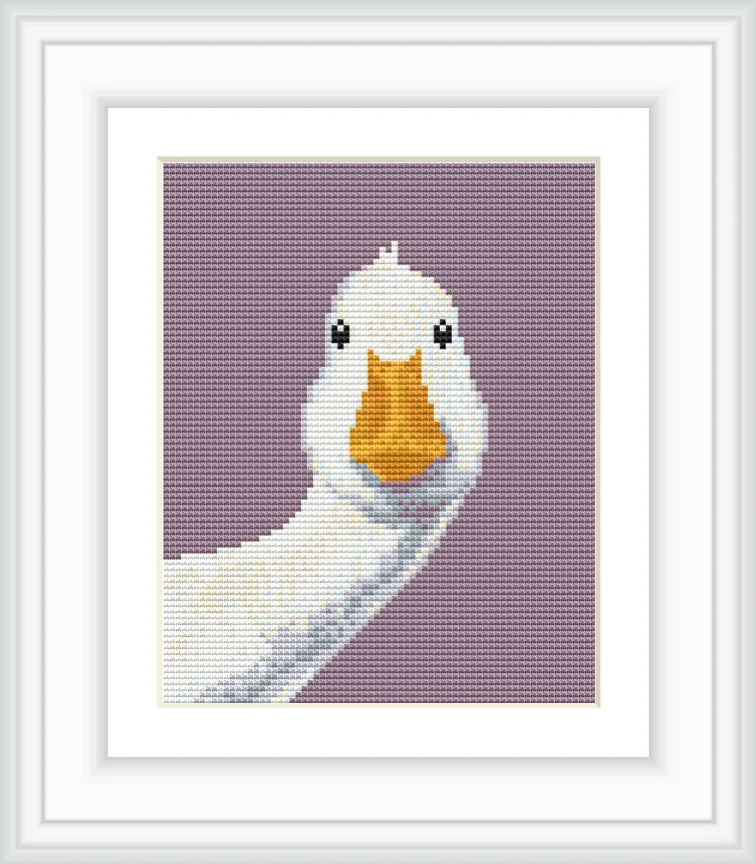 A close-up portrait of a goose with a white body and orange beak against a lavender background. The goose is centered in the frame, facing forward.