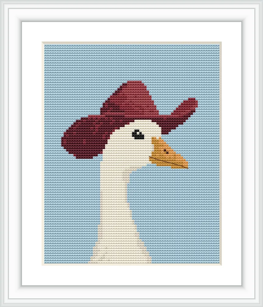 A duck wearing a brown cowboy hat on a light blue background, centered in the frame.