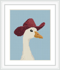 A duck wearing a brown cowboy hat on a light blue background, centered in the frame.