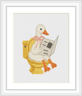 A goose is sitting on a yellow toilet, holding what appears to be a newspaper. The goose has an orange beak and feet, and there is a slight pink bow around its neck.
