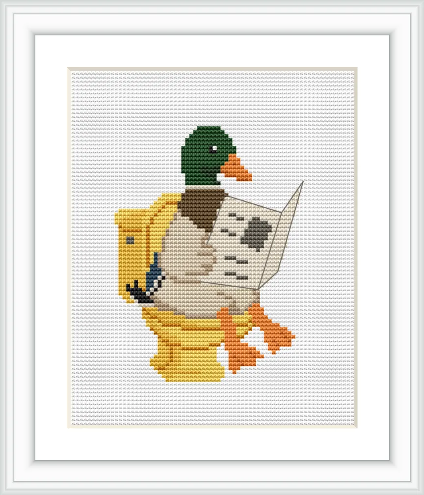 The image shows a mallard duck sitting on a yellow toilet, holding a newspaper in its wings.